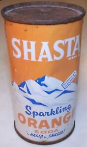 Vintage 1950s HASTA be SHASTA spakling orange vitamin C soda flat top can rust