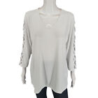 Susan Graver Modern Casual Liquid Knit Top w Lace Trim Large Sz White Tee Shirt
