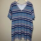Woman Within T-Shirt 3X 30/32 Blue White Striped V-Neck Cotton Short Sleeve