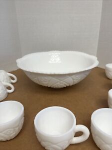 10 Piece Vintage 1950’s McKee Concord Heavy White Milk Glass Punch Bowl set