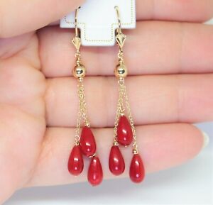Pretty 14K Solid Yellow Gold Cable Chain Natural Teardrop Red Coral Earrings