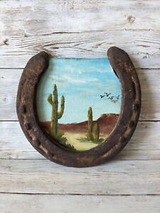 New ListingVintage Desert Cactus Oil Painting In Folk Art Horseshoe Frame