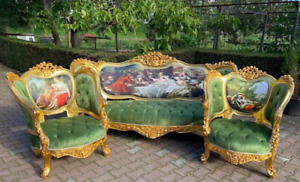 Exquisite Vintage French Louis XVI Corbeille Sofa Set in Green Velvet - 3-Pc