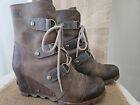 Women's Sorel Joan of Arctic Dark Brown Leather Wedge Lace Up Boots Sz 8