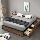 Full Industrial Metal Platform Bed Frame with 4 Drawers Wooden Footboard