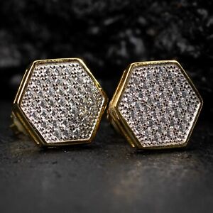 Men's Hip Hop Two Tone Gold Plated Sterling Silver Octagon Shaped Stud Earrings