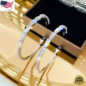 Gorgeous Hoop Earrings Women 925 Silver Plated Jewelry White glass Simulated