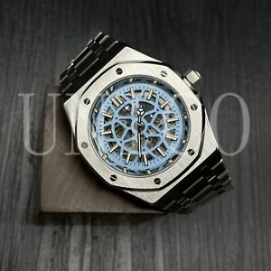 Custom Made MODS Skeleton Blue Dial Watch 40mm NH70 Auto Movement Silver Bezel