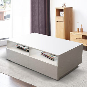 High Gloss LED Light Coffee Table White 4-Drawers Living Room Table Furniture