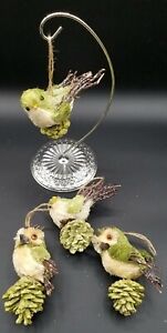 Set of 4 Decorative Natural Fiber & Wood Shavings Birds on Pinecones Finch Owl