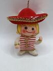 Vintage Hard Plastic Flocked Made In Japan Ornament Boy With Sombrero 4”