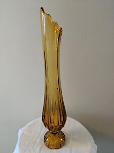 Vintage MCM 8 Finger Swung Glass Vase Dark Amber Color 19.5 Inch Mint.