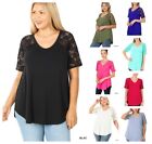 Womens Short Sleeve T-Shirt V-Neck Casual Tunic Top Loose Lace Trim Blouse  S-3X