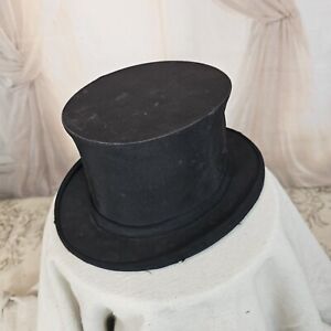 Antique Victorian 1800s Black Tall Top Hat Golding Collasible Lion Crest Opera