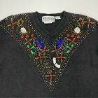 Vintage Bejeweled Sweater Women’s Beaded Sequins Black Bling Fancy Yoke Neckline
