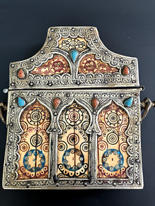 Old Moroccan Berber Hinged Wood Metal Box Quran Holder,  Islamic Stone Inlay