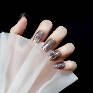 Reusable Black Fake Nails With Glue Long Cool Manicure Fake Nail Stickers