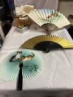 Vintage Japanese folding hand fans set of 2 Plus 1 Made In China
