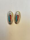 Vintage Signed Ege@ 89 Silver Tone  Chip Blue Turquoise Red Coral Stud Earrings