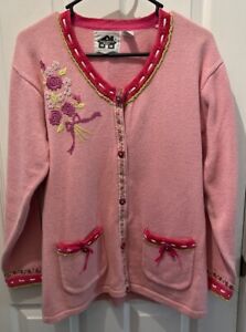 Storybook Knits Medium Embroidered Cardigan Sweater Pink