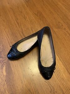 Authentic Chanel Women Ballet Flats 37.5 Black Cap Toe Paten Leather