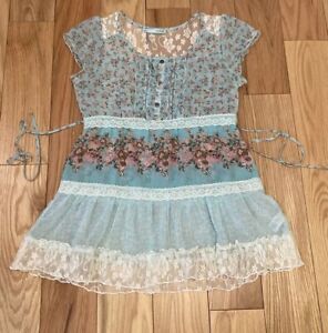 Floral Babydoll Top Lace Trim Sheer Medium Maurices Fairy Core Roses Empire