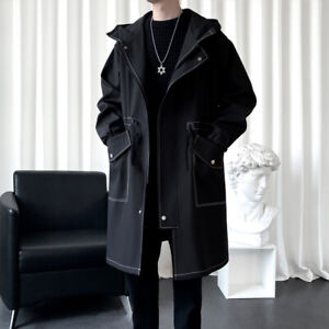 British Style Hooded Trench Coat Men Korean Loose Fit Pockets Casual Overcoat