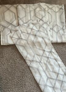 4 Curtain Panels, White Sheer With Geometric Gray Design, 28”x84”