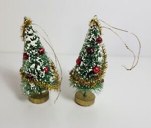 Bottle Brush Christmas Tree lot of 2 flocked with glass ornaments vintage