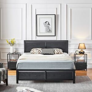 3 Piece Bedroom Furniture Set Black Queen Size Platform with Nightstands Modern
