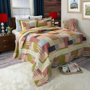 Colorful Patchwork Quilted Blanket Sham Farmhouse Country Pattern