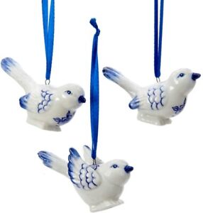 KURT ADLER SET OF 3 PORCELAIN DELFT BLUE BIRD CHRISTMAS ORNAMENTS J7706