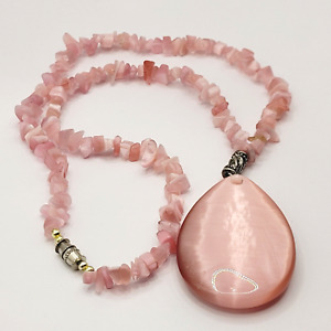Pink Rose Quartz Agate Chip Polished Stone Pendant Artisan Made Vintage Necklace
