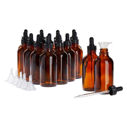 15 Pack 4 oz Amber Glass Eye Dropper Bottles & 6 Funnels for Essential Oils