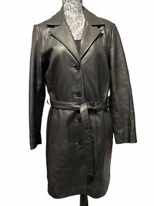 Vintage Wilsons Leather Jacket Womens XL Black Trench Coat Belted Thinsulate