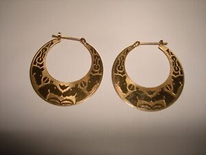 Vintage Unique Designed Engraved 14k Solid Yellow Gold Huge Gypsy Hoop Earrings