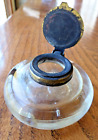 Antique Hand Blown Glass and Brass Inkwell w Crown and SO Makers Mark Jar Bottle