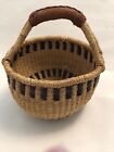 Bolga African Market Basket Hand Woven With Leather Wrapped Handle 9” x 8” x 6”