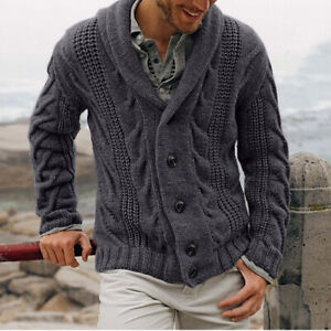Men Cardigan Sweater Shawl Collar Coat Mens Chunky Knit Casual Long Sleeve