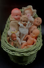 Lot antique vintage miniature baby Dolls + Wicker basket w blanket Composition