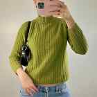 Vintage Women's Size M Green Mock Neck Wool Ribbed Sweater