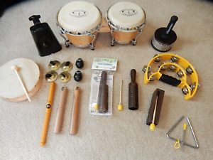 15-Piece Lot of Percussion Instruments & GP Percussion Bongo Drums
