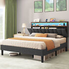 King Size Bed Frame Upholstered Platform with Storage Headboard and LED Lights