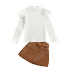 Girl Casual Suit, Solid Long Sleeve Knitted Tops+Short Skirt with Belt