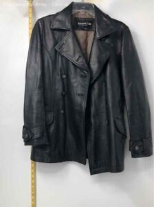 Kenneth Cole Womens Black Leather Long Sleeve Collared Trench Jacket Size Small