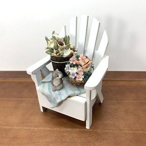 New ListingWhite Wood Chair Resin Cat Flowers Bucket Garden Figurine Music Box, Vintage