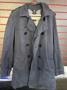 Burberry Brit Men L Navy Nova Check Short Trench Coat Removable Hood Wool Liner