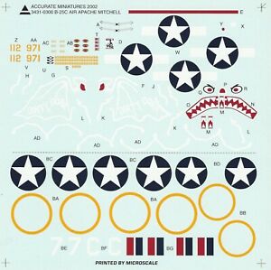 Accurate Miniatures 1/48th Scale B-25C Mitchell - Decals from Kit No. 3431-0300