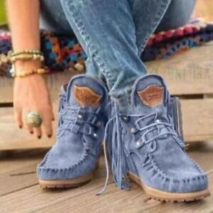 Womens Moccasin Boots Flat Suede Fringed Ankle Booties Winter Warm Shoes Short