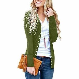 Womens  Cut V-Neck Long Low Sleeve Knit Snap Button Down Cardigan Sweater Tops